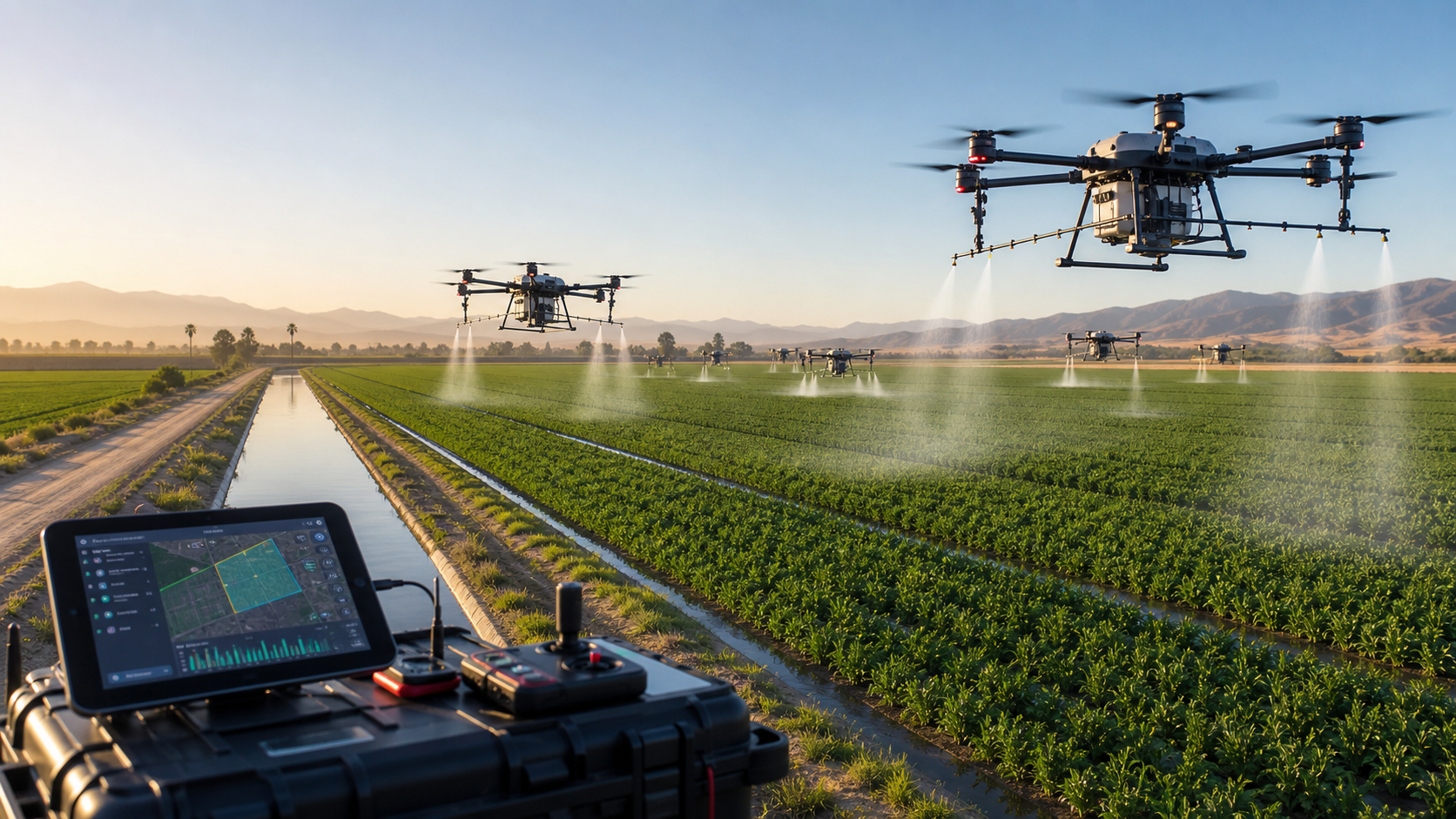 Drone fleet spraying irrigated fields