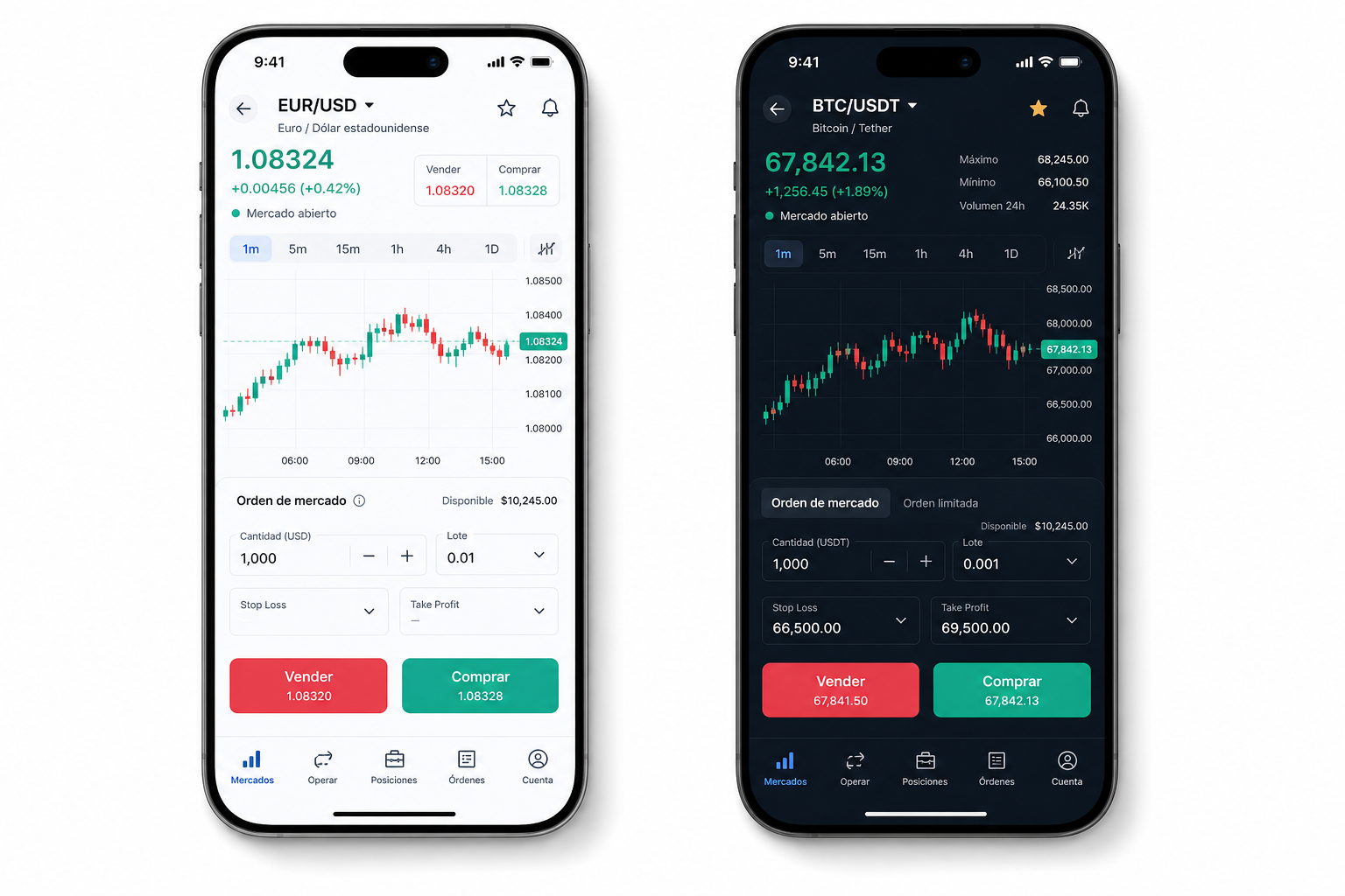 Aplicación móvil de trading con vista de mercado y flujo de ejecución