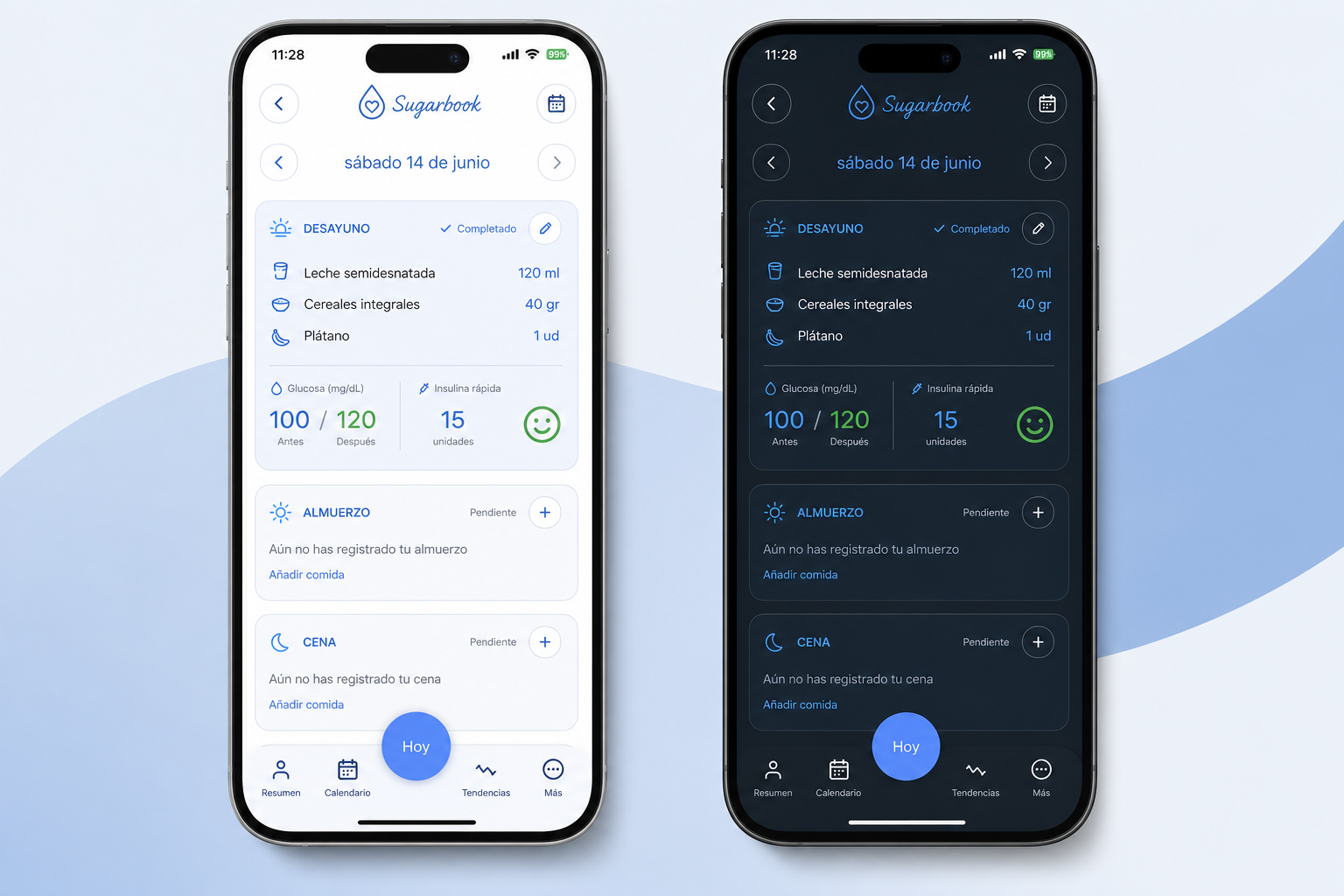 Pantalla de comidas de Sugarbook con desayuno registrado y control correcto